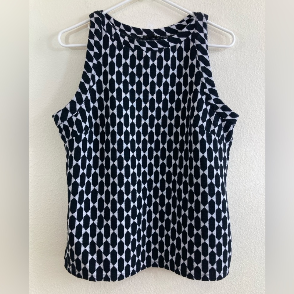 Ann Taylor Black White Geometric Tile Print Knit Tank Size L Sleeveless Top
